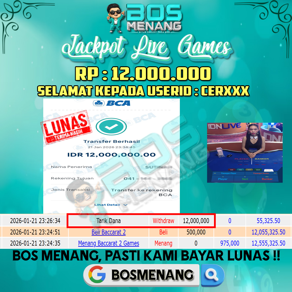 Tanggal 21 JANUARI 2026 - JACKPOT LIVE GAMES - BACCARAT (IDNLIVE) Rp 12.000.000,-