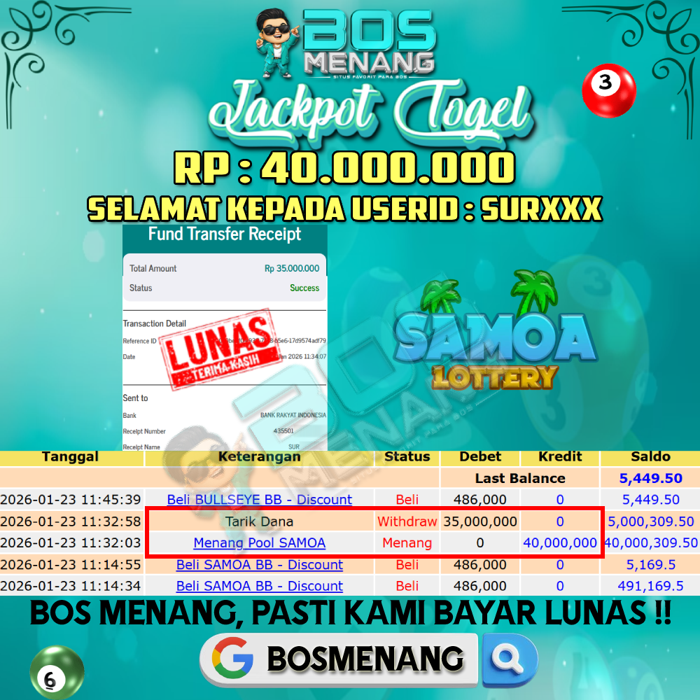Tanggal 23 JANUARI 2026 - JACKPOT TOGEL - SAMOA Rp 40.000.000,-