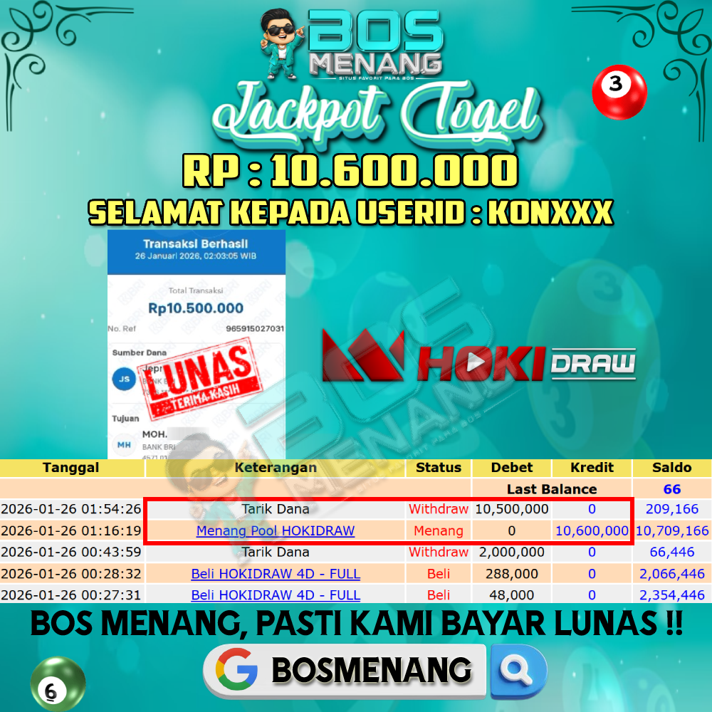 Tanggal 26 JANUARI 2026 - JACKPOT TOGEL - HOKI DRAW Rp 10.600.000,-