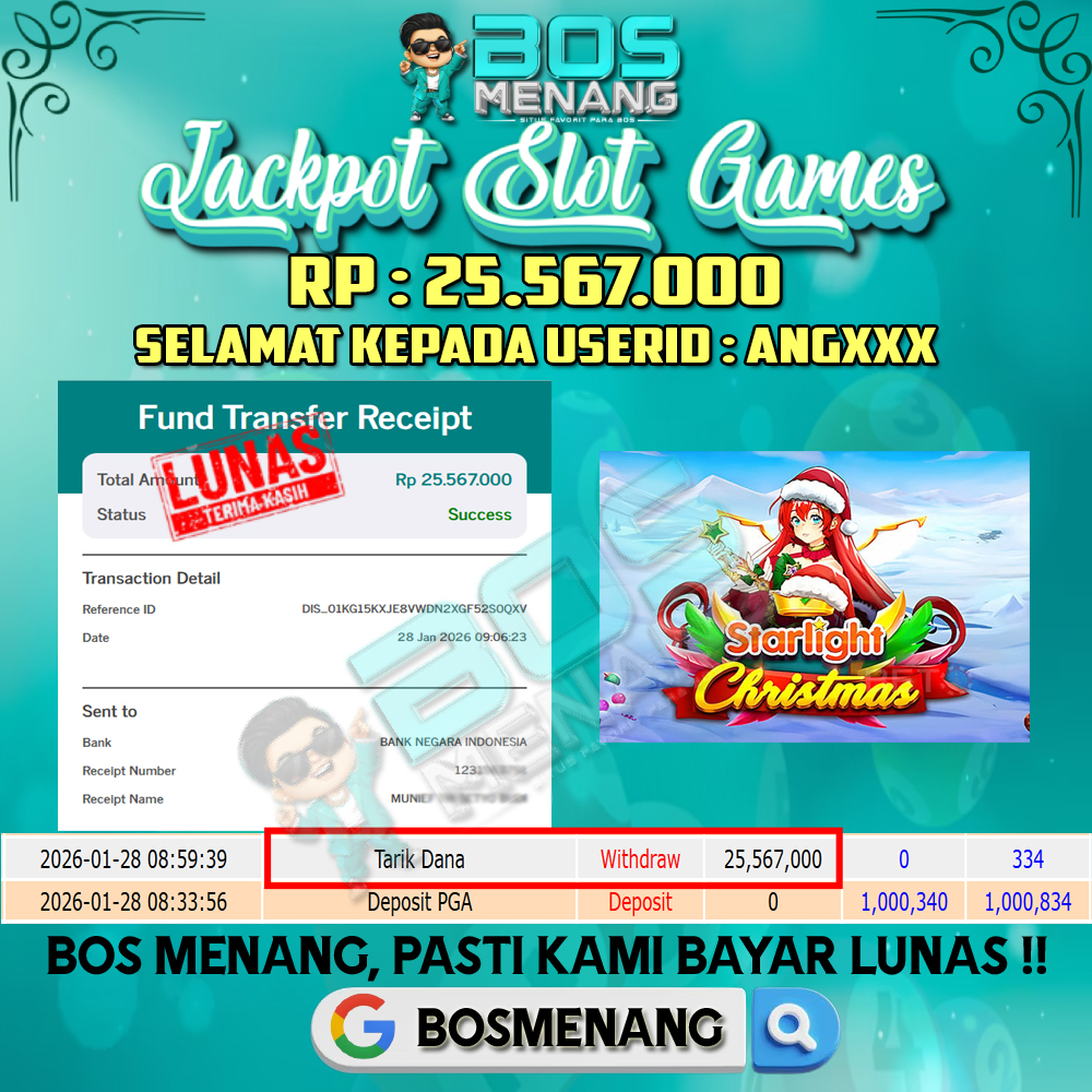 Tanggal 28 JANUARI 2026 - JACKPOT SLOT GAMES STARLIGHT CHRISTMAS (PRAGMATICPLAY) Rp 25.567.000,-