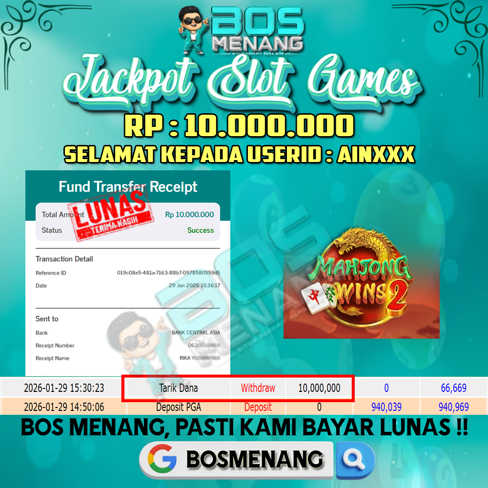 Tanggal 29 JANUARI 2026 - JACKPOT SLOT MAHJONG WINS 2 (PRAGMATICPLAY) Rp 10.000.000,-