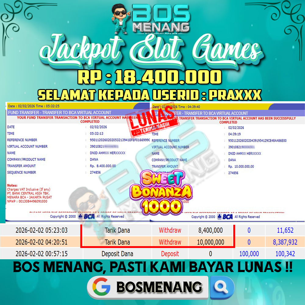 Tanggal 02 FEBRUARI 2026 - JACKPOT SLOT SWEET BONANZA 1000 (PRAGMATICPLAY) Rp 18.400.000,-