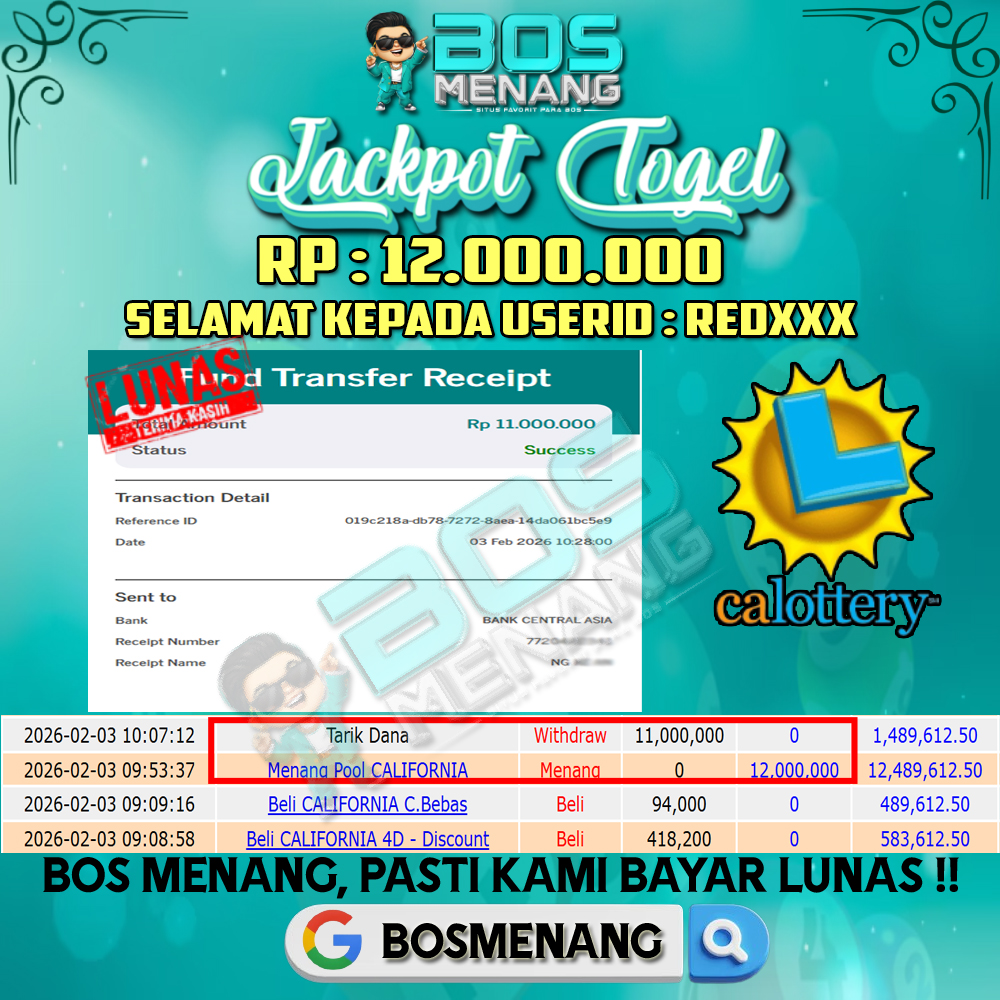 Tanggal 3 FEBRUARI 2026 - JACKPOT TOGEL - CALIFORNIA  Rp 12.000.000,-
