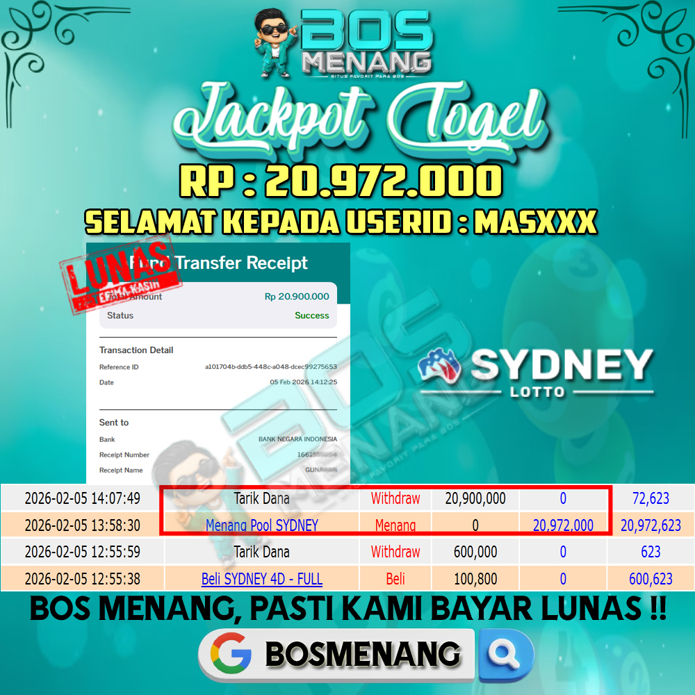 Tanggal 5 FEBRUARI 2026 - JACKPOT TOGEL - SYDNEY LOTTO  Rp 20.972.000,-