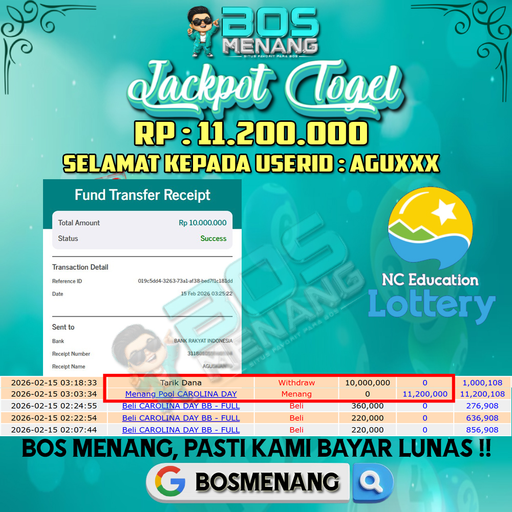 Tanggal 15 FEBRUARI 2026 - JACKPOT TOGEL - CAROLINA DAY  Rp 11.200.000,-