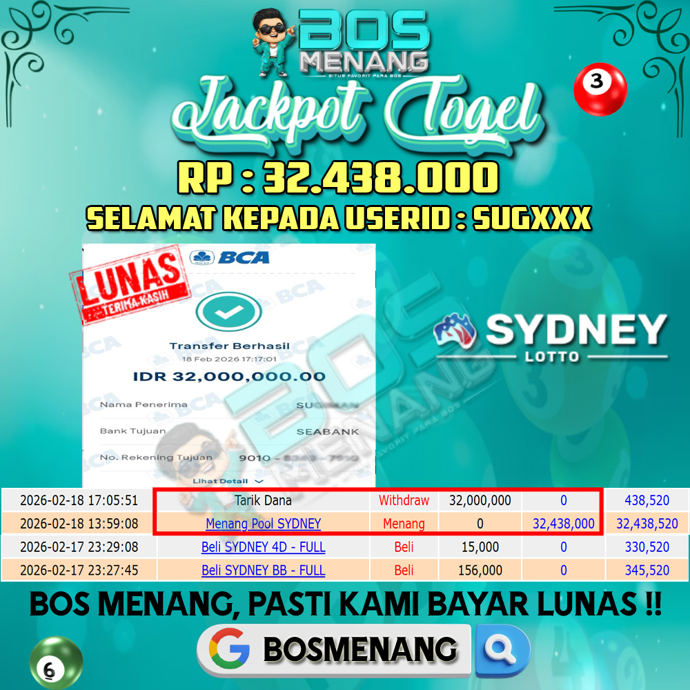 Tanggal 18 FEBRUARI 2026 - JACKPOT TOGEL - SYDNEY LOTTO  Rp 32.438.000,-