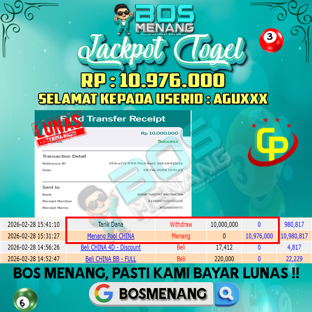 Tanggal 28 FEBRUARI 2026 - JACKPOT TOGEL - CHINA POOLS  Rp 10.976.000,-
