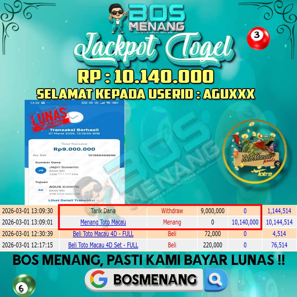 Tanggal 01 MARET 2026 - JACKPOT TOGEL - TOTO MACAU  Rp 10.140.000,-