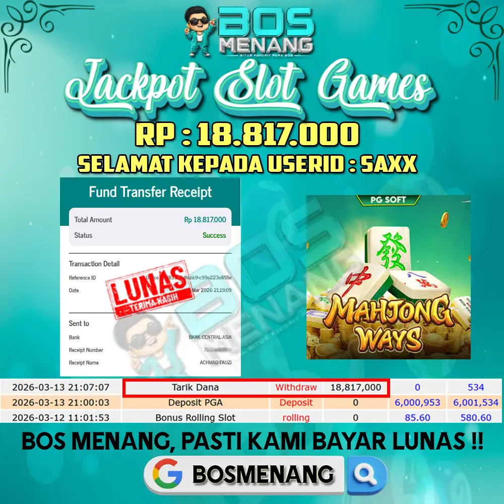 Tanggal 13 MARET 2026 - JACKPOT SLOT GAMES Mahjong Ways PGSoft Rp 18.817.000,-