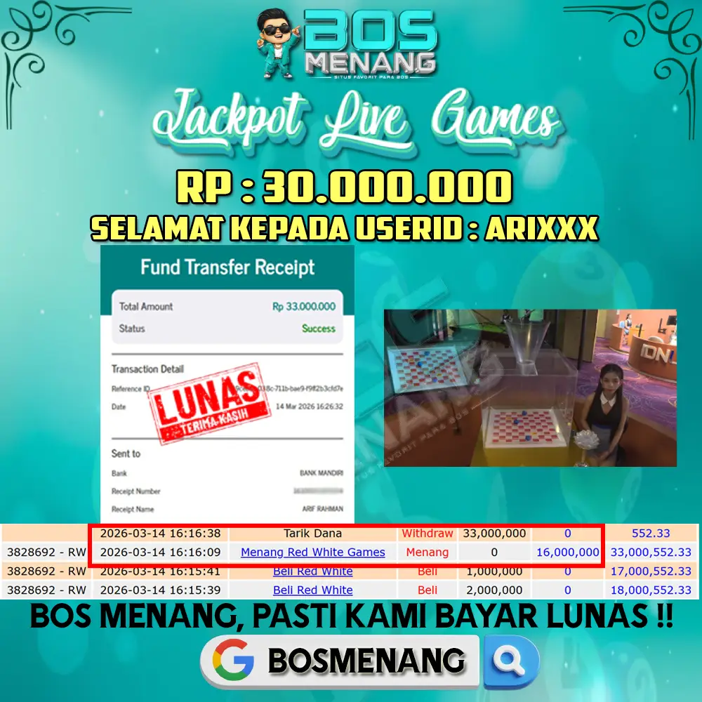 Tanggal 14 MARET 2026 - JACKPOT LIVE GAMES Red White Rp 33.000.000,-