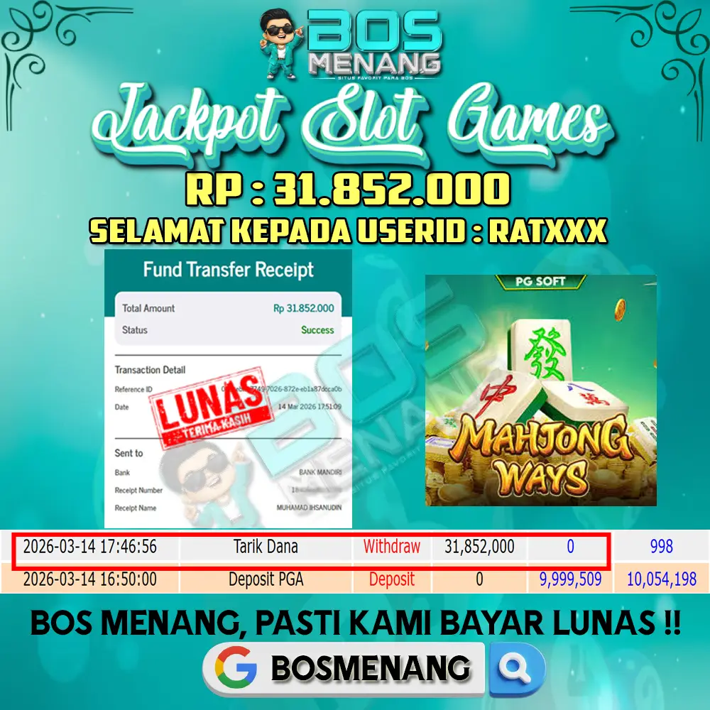 Tanggal 14 MARET 2026 - JACKPOT SLOT GAMES Mahjong Ways PGSoft Rp 31.852.000,-