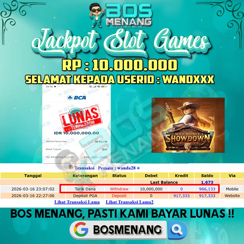 Tanggal 16 MARET 2026 - JACKPOT SLOT GAMES Wild Bounty Showdown PGSoft Rp 10.000.000,-