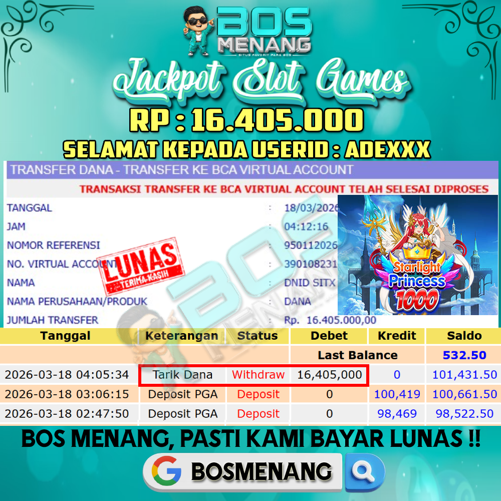 Tanggal 18 MARET 2026 - JACKPOT SLOT GAMES -  STARLIGHT PRINCESS 1000 (PRAGMATIC PLAY) Rp 16.405.000,-