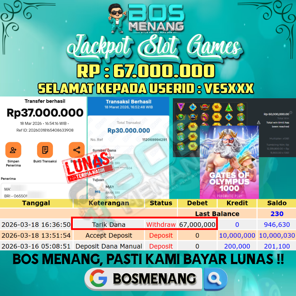 Tanggal 18 MARET 2026 - JACKPOT SLOT GAMES -  GATES OF OLYMPYUS 1000 (PRAGMATIC PLAY) Rp 67.000.000,-