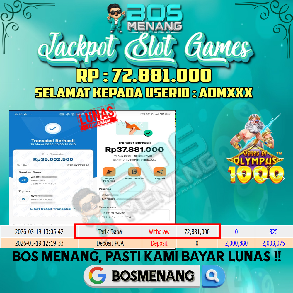 Tanggal 19 MARET 2026 - JACKPOT SLOT GAMES -  GATES OF OLYMPYUS 1000 (PRAGMATIC PLAY) Rp 72.881.000,-