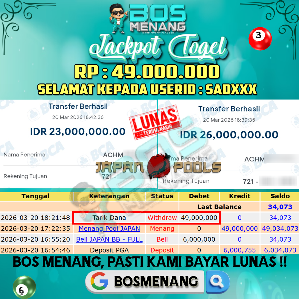 Tanggal 20 MARET 2026 - JACKPOT TOGEL - JAPAN Rp 49.000.000,-