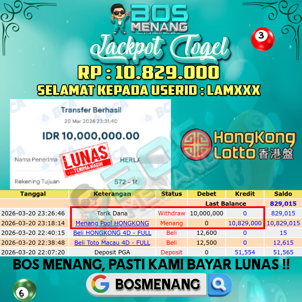 Tanggal 20 MARET 2026 - JACKPOT TOGEL - HONGKONG LOTTO Rp 10.829.000,-