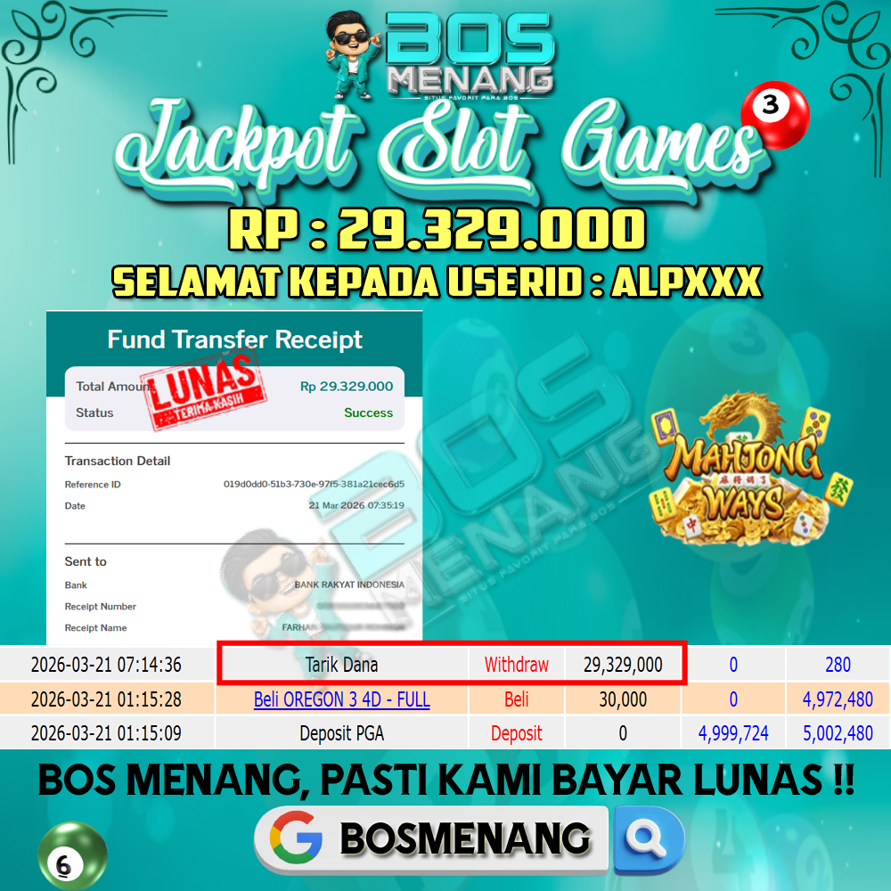 Tanggal 21 MARET 2026 - JACKPOT SLOT GAMES MAHJONG WAYS (PGSOFT) Rp 29.329.000,-