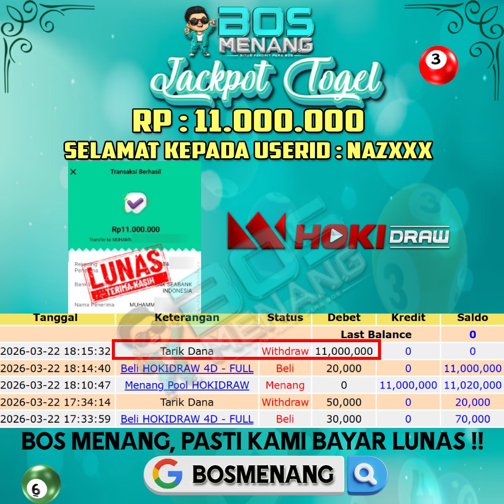 Tanggal 22 MARET 2026 - JACKPOT TOGEL - HOKIDRAW Rp 11.000.000,-