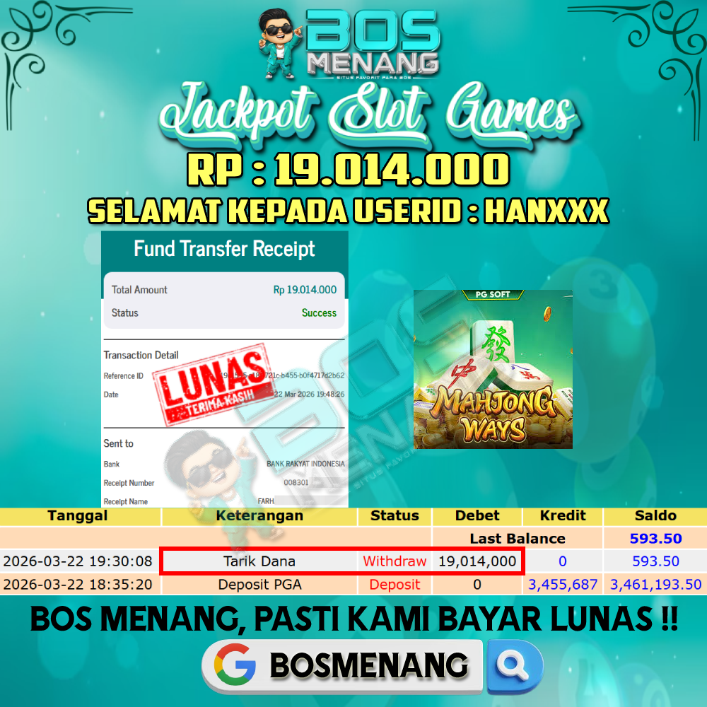 Tanggal 22 MARET 2026 - JACKPOT SLOT GAMES - MAHJONG WAYS (PG SOFT) Rp 19.014.000,-