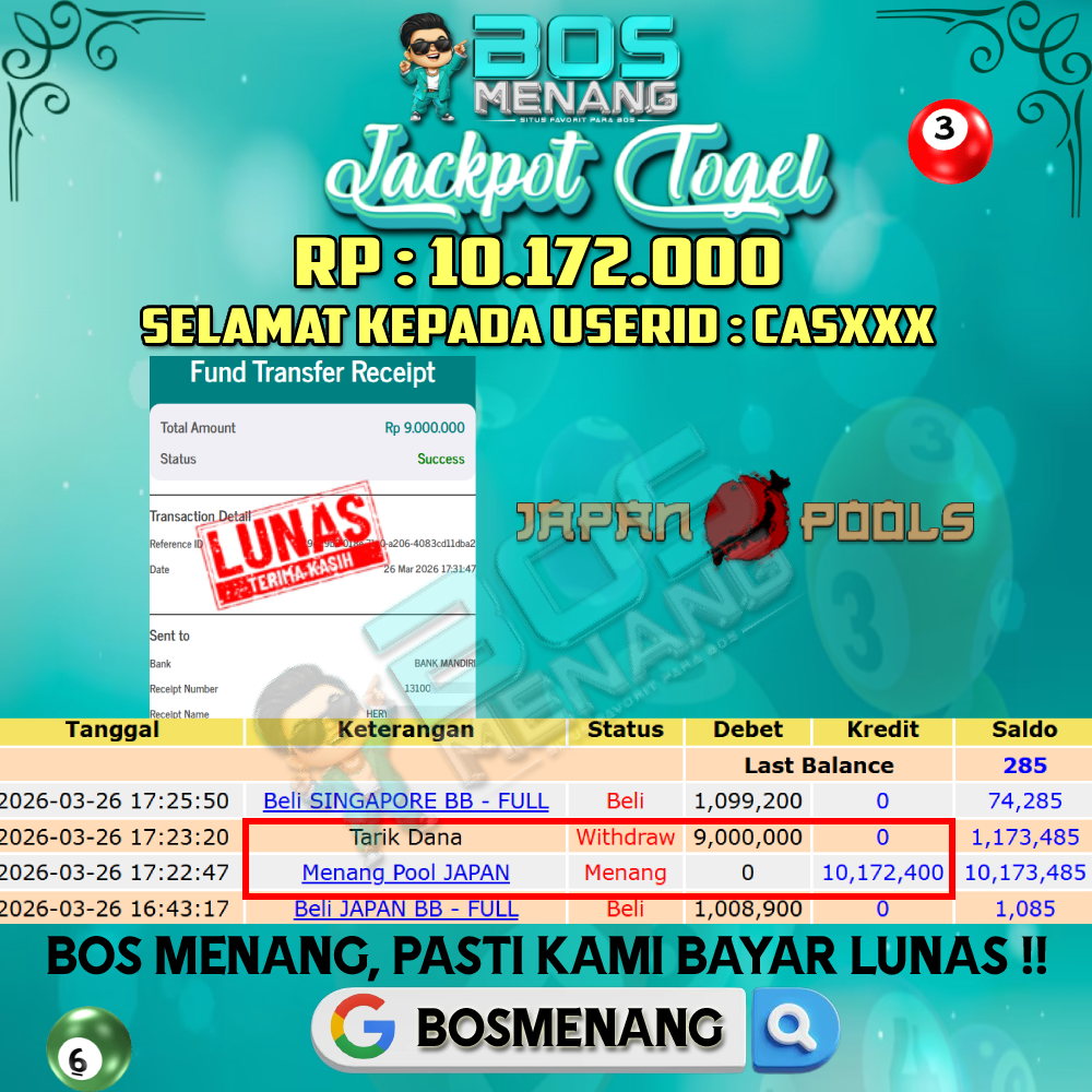 Tanggal 26 MARET 2026 - JACKPOT TOGEL - JAPAN Rp 10.172.000,-