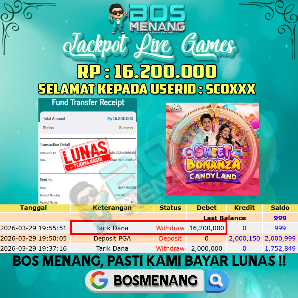 Tanggal 29 MARET 2026 - JACKPOT LIVE GAMES - SWEET BONANZA CANDY LAND Rp 16.200.000,-