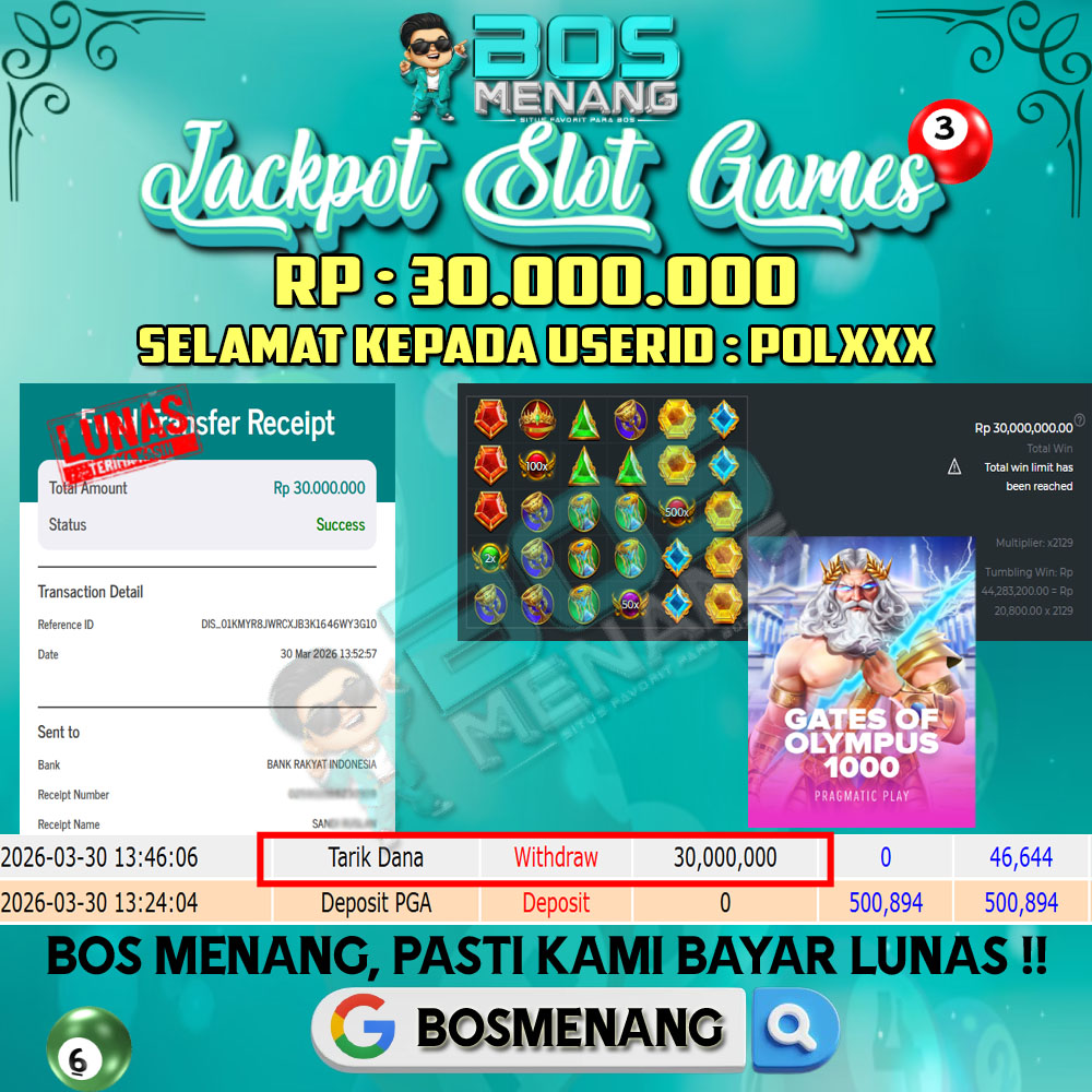 Tanggal 30 MARET 2026 - JACKPOT SLOT GAMES - GATES OF OLYMPUS 1000 (PRAGMATIC PLAY) Rp 30.000.000,-