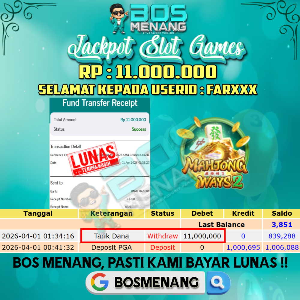 Tanggal 01 APRIL 2026 - JACKPOT SLOT GAMES - MAHJONG WAYS 2 (PG SOFT) Rp 11.000.000,-