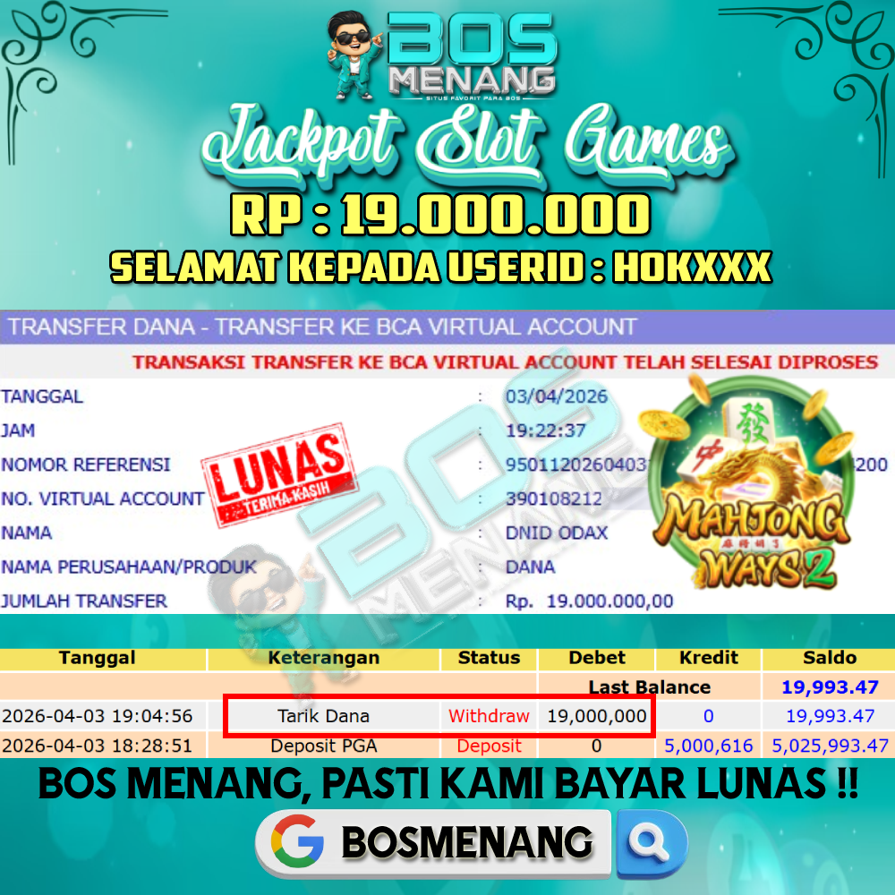 Tanggal 03 APRIL 2026 - JACKPOT SLOT GAMES - MAHJIONG WAYS 2 (PG SOFT) Rp 19.000.000,-