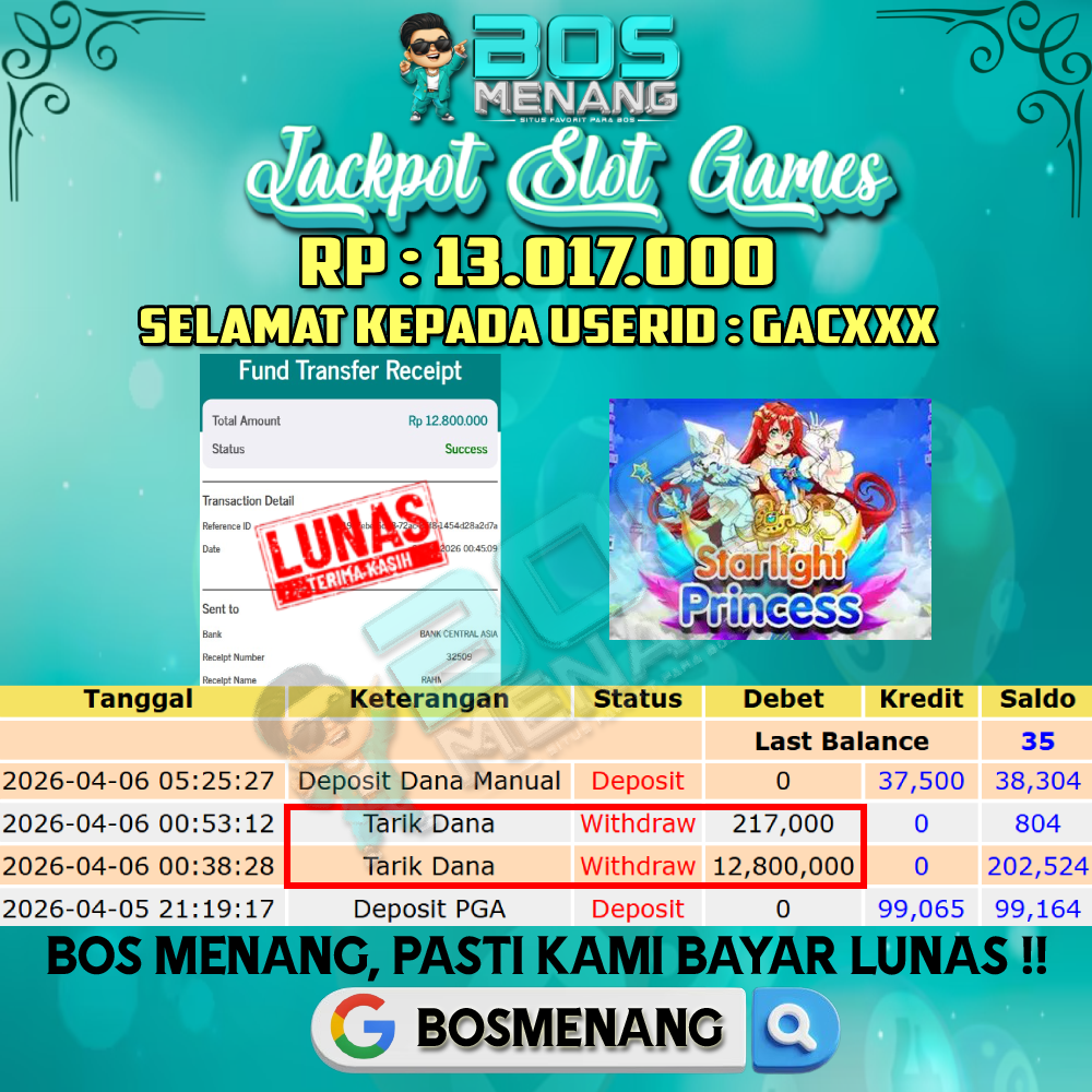Tanggal 06 APRIL 2026 - JACKPOT SLOT GAMES - STARLIGHT PRINCESS Rp 13.017.000,-