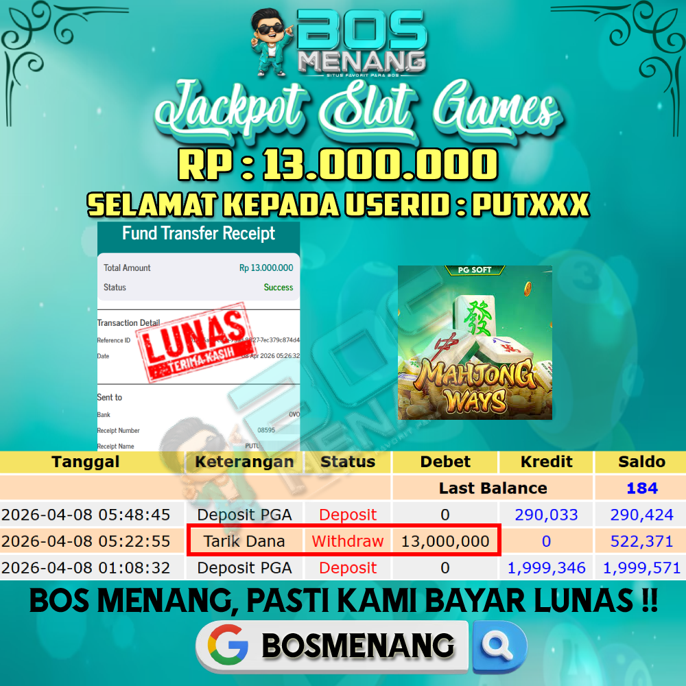 Tanggal 08 APRIL 2026 - JACKPOT SLOT GAMES - MAHJONG WAYS (PG SOFT) Rp 13.000.000,-