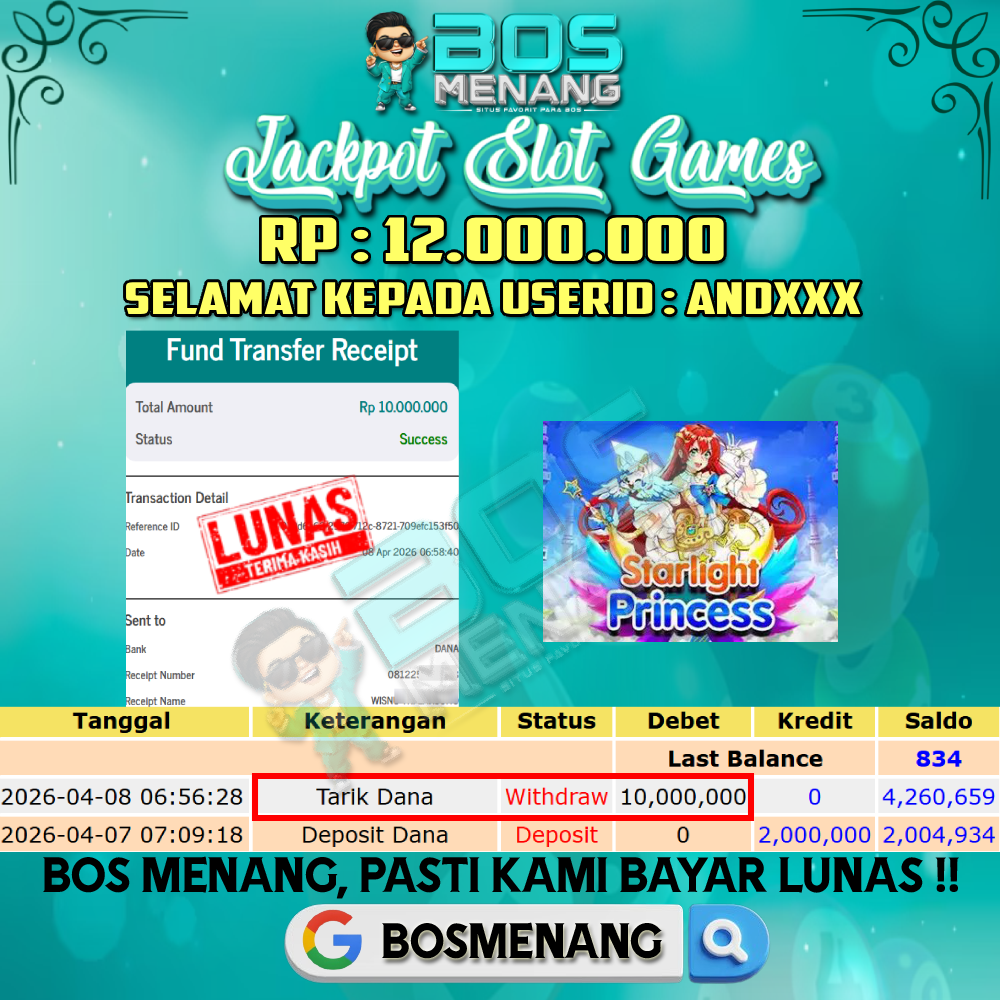 Tanggal 08 APRIL 2026 - JACKPOT SLOT GAMES - STARLIGHT PRINCESS (PRAGMATIC PLAY) Rp 12.000.000,-