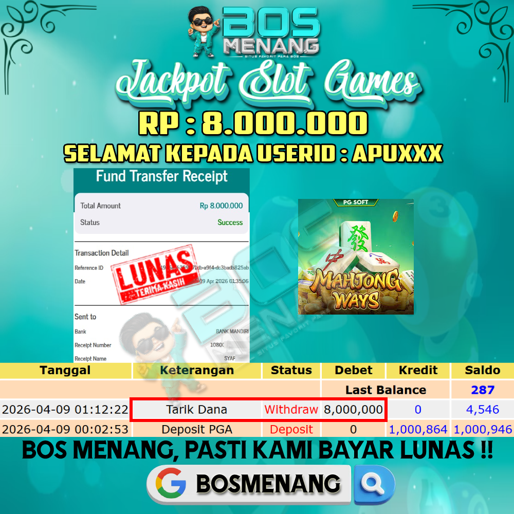 Tanggal 09 APRIL 2026 - JACKPOT SLOT GAMES - MAHJONG WAYS (PG SOFT) Rp 8.000.000,-