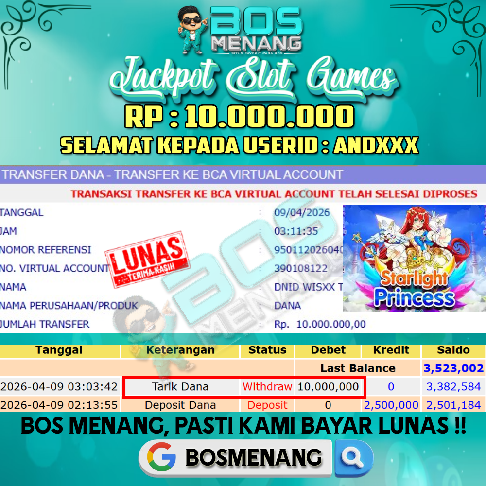 Tanggal 09 APRIL 2026 - JACKPOT SLOT GAMES - STARLIGHT PRINCESS (PRAGMATIC PLAY) Rp 10.000.000,-