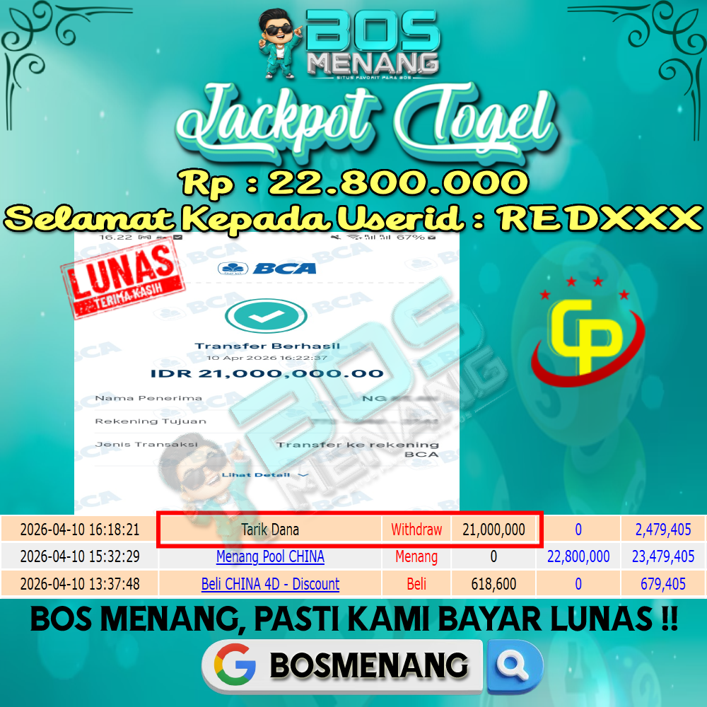 Tanggal 10 APRIL 2026 - JACKPOT TOGEL CHINA POOLS  Rp 22.800.000,-