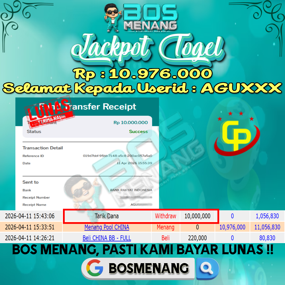 Tanggal 11 APRIL 2026 - JACKPOT TOGEL CHINA POOLS  Rp 10.976.000,-