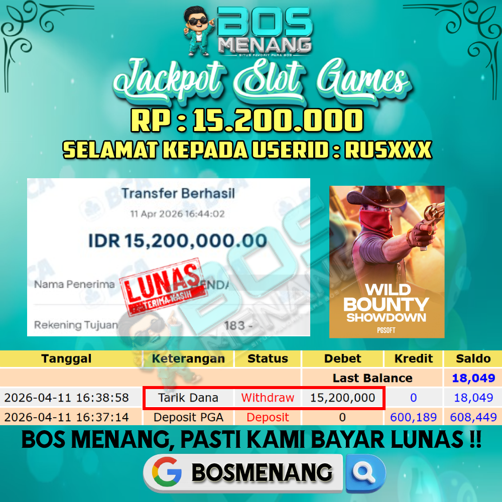 Tanggal 11 APRIL 2026 - JACKPOT SLOT GAMES - WILD BOUNTY SHOWDOWN (PG SOFT)  Rp 15.200.000,-
