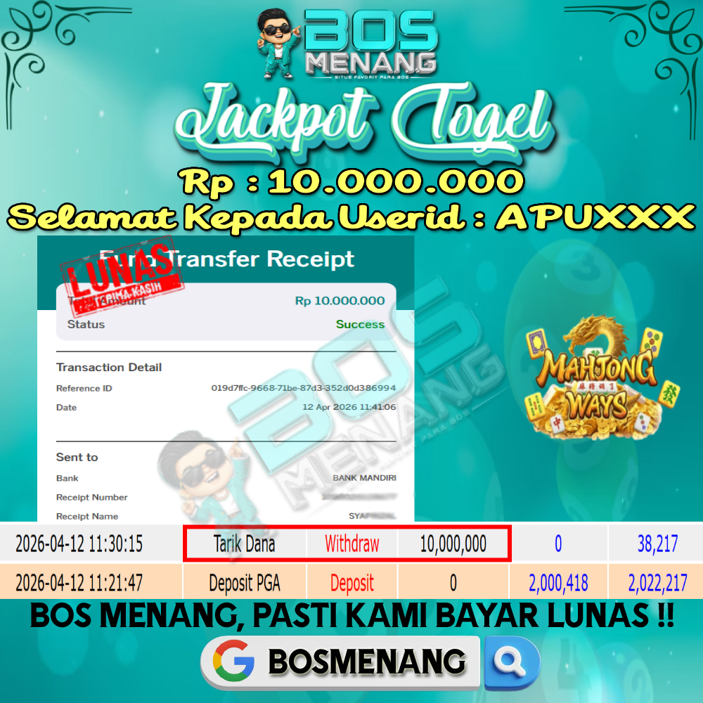 Tanggal 12 APRIL 2026 - JACKPOT SLOT GAMES - MAHJONG WAYS (PG SOFT)  Rp 10.000.000,-
