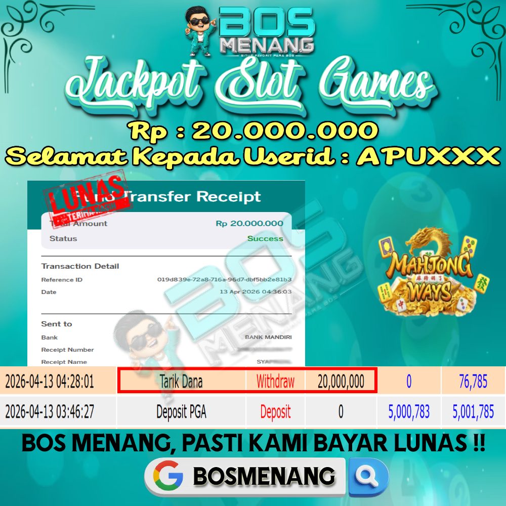 Tanggal 13 APRIL 2026 - JACKPOT SLOT GAMES - MAHJONG WAYS (PG SOFT)  Rp 20.000.000,-