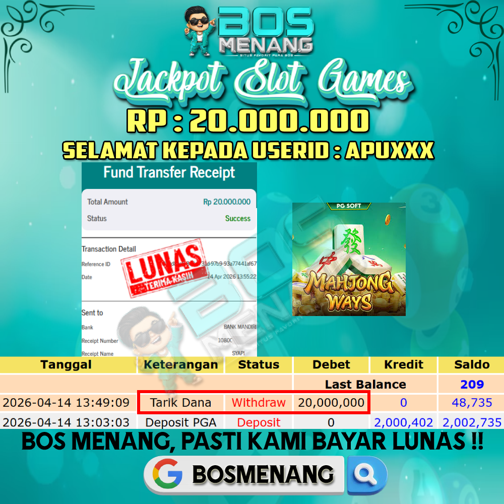 Tanggal 14 APRIL 2026 - JACKPOT SLOT GAMES - MAHJONG WAYS (PG SOFT) Rp 20.000.000,-