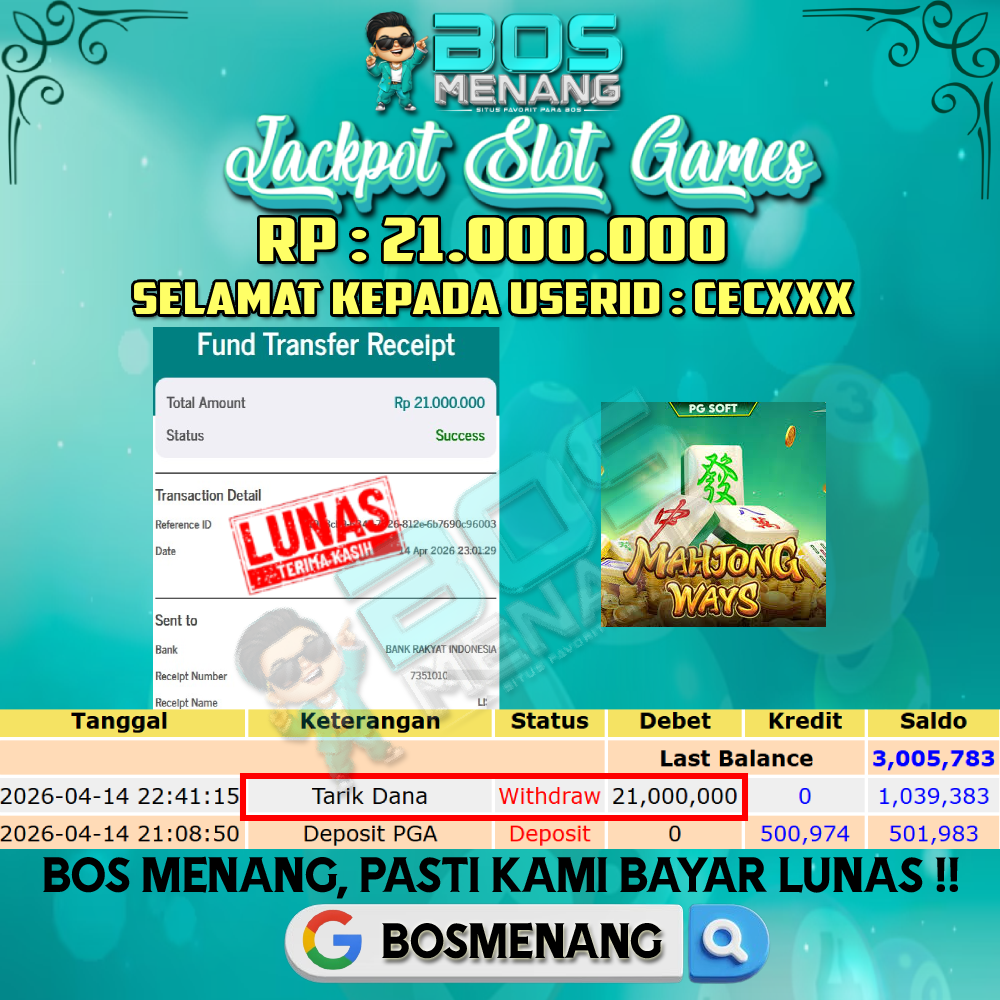 Tanggal 14 APRIL 2026 - JACKPOT SLOT GAMES - MAHJONG WAYS (PG SOFT) Rp 21.000.000,-