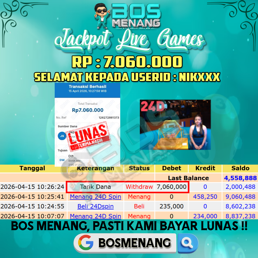 Tanggal 15 APRIL 2026 - JACKPOT LIVE GAMES - 24D SPIN Rp 7.060.000,-