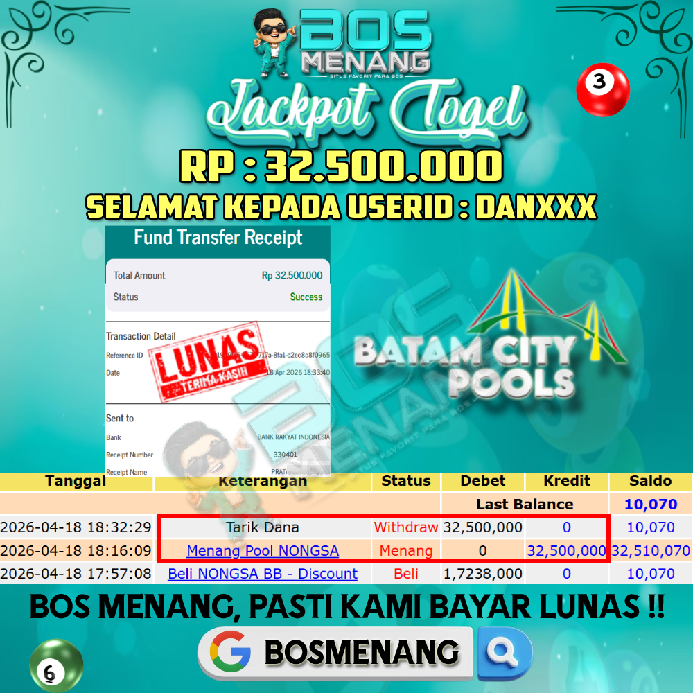 Tanggal 18 APRIL 2026 - JACKPOT TOGEL - NONGSA Rp 32.500.000,-