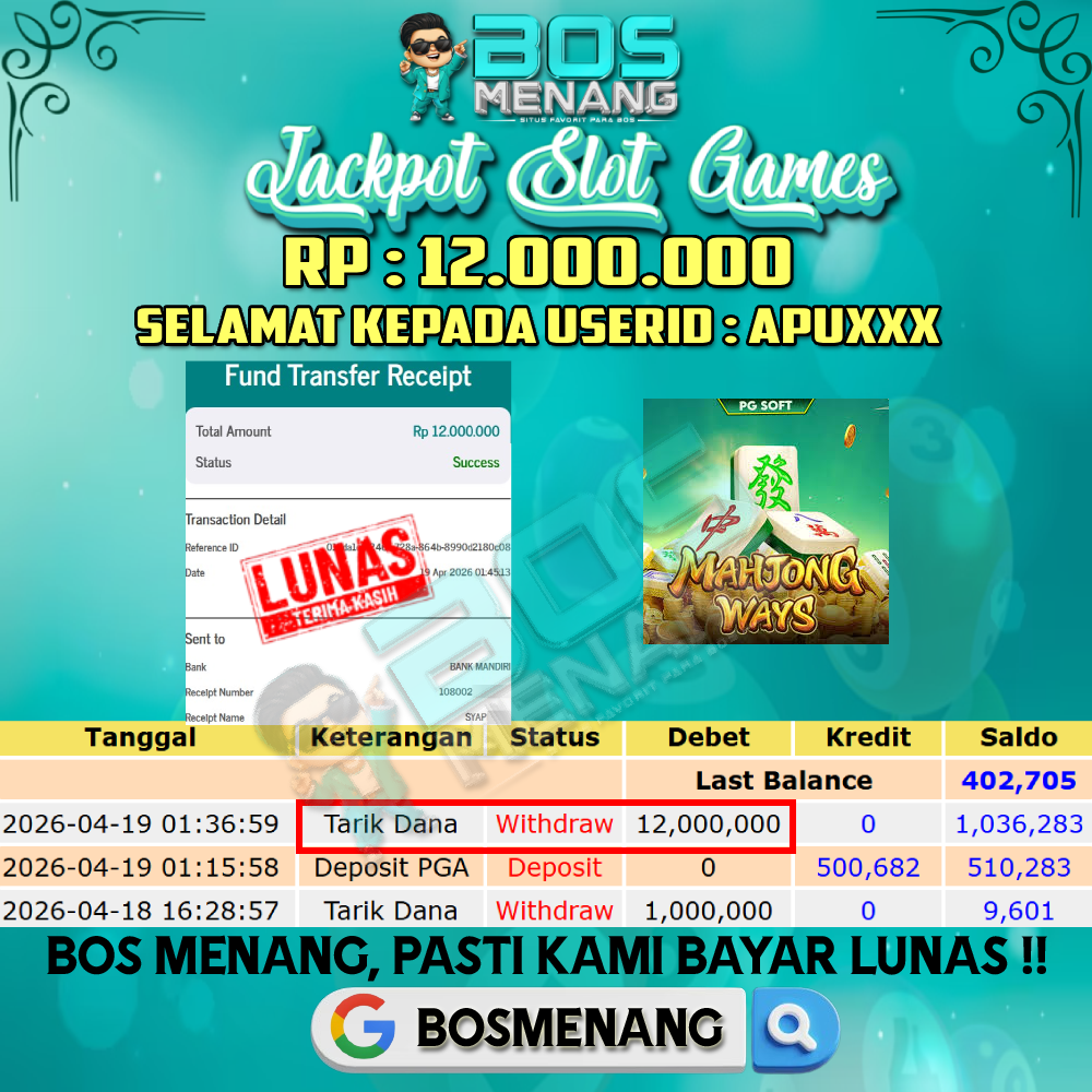 Tanggal 19 APRIL 2026 - JACKPOT SLOT GAMES - MAHJONG WAYS (PG SOFT) Rp 12.000.000,-