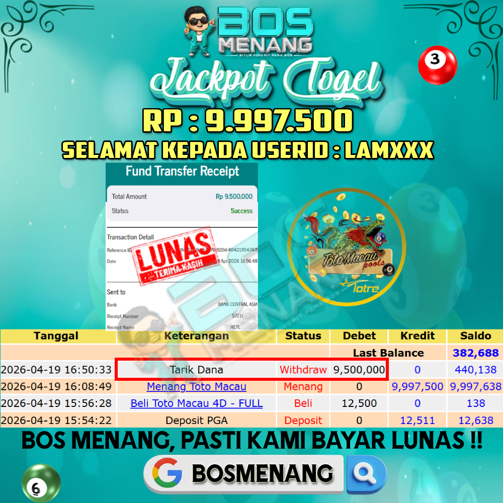 Tanggal 19 APRIL 2026 - JACKPOT TOGEL - TOTOMACAU Rp 9.997.500,-