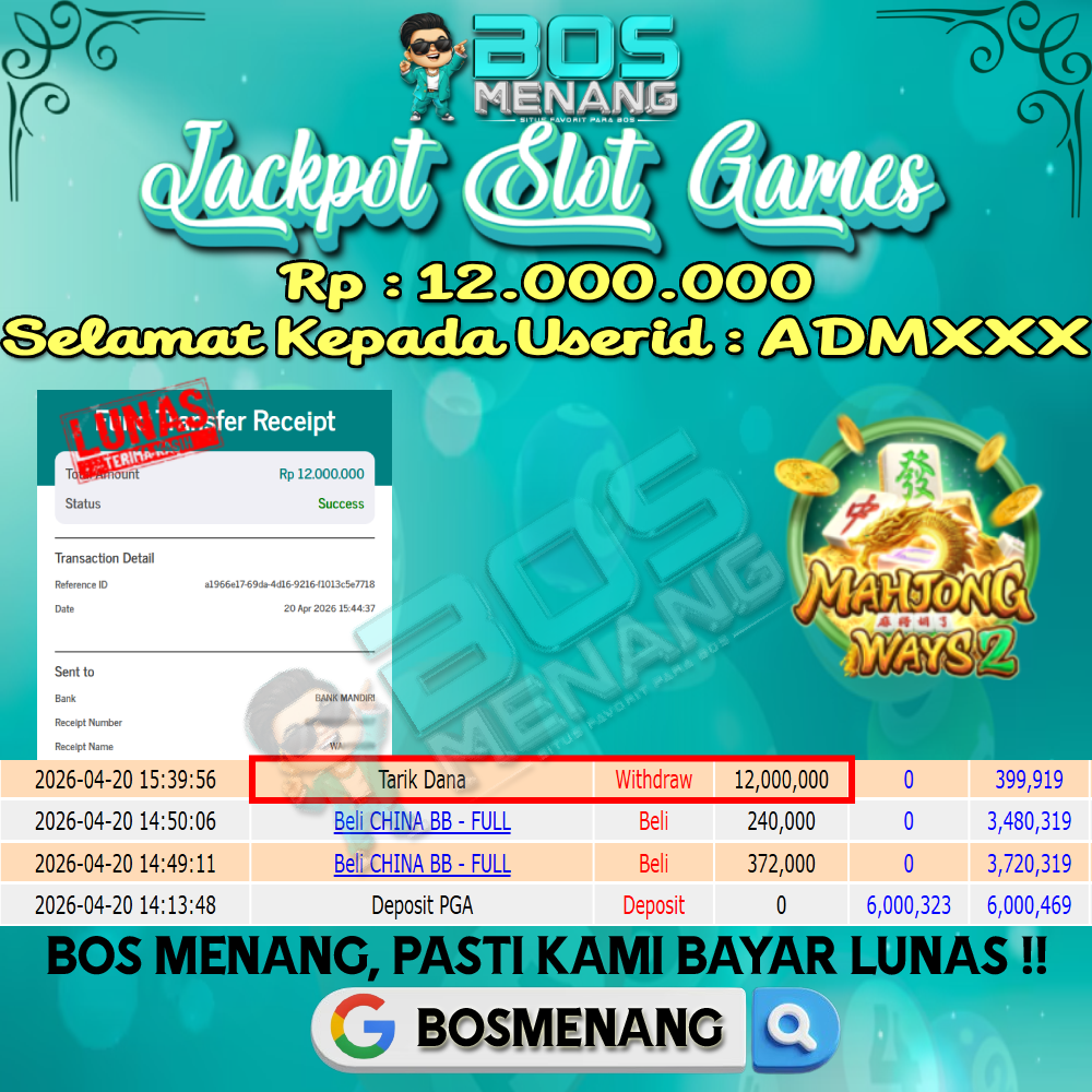 Tanggal 20 APRIL 2026 - JACKPOT SLOT GAMES - MAHJONG WAYS 2 (PG SOFT) Rp 12.000.000,-