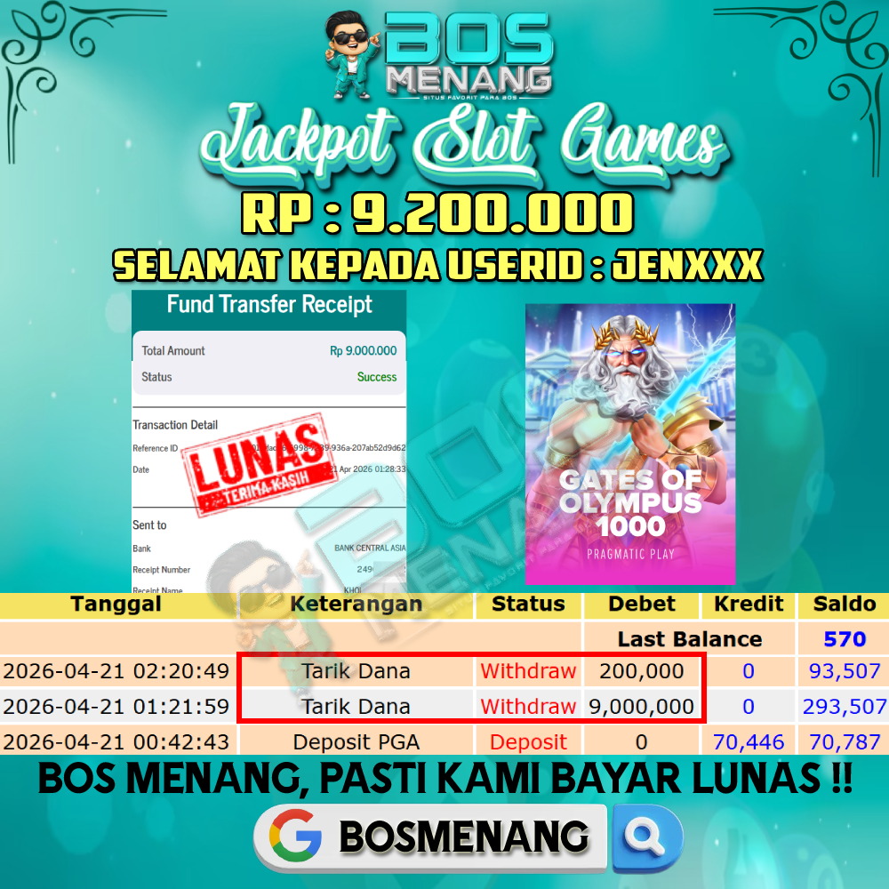Tanggal 21 APRIL 2026 - JACKPOT SLOT GAMES - GATES OF OLYMPUS 1000 (PRAGMATIC PLAY) Rp 9.200.000,-
