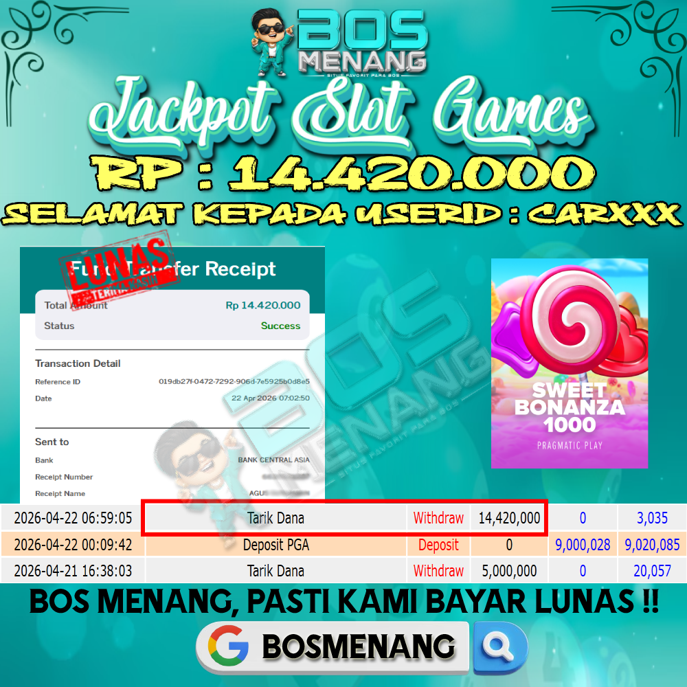 Tanggal 22 APRIL 2026 - JACKPOT SLOT GAMES - SWEET BONANZA 1000 (PRAGMATIC PLAY) Rp 14.420.000,-