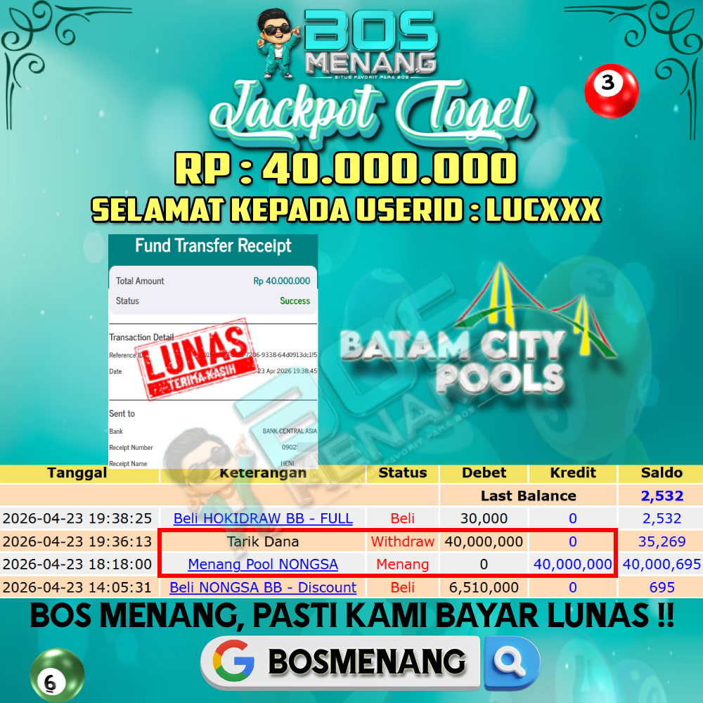 Tanggal 23 APRIL 2026 - JACKPOT TOGEL - NONGSA Rp 40.000.000,-