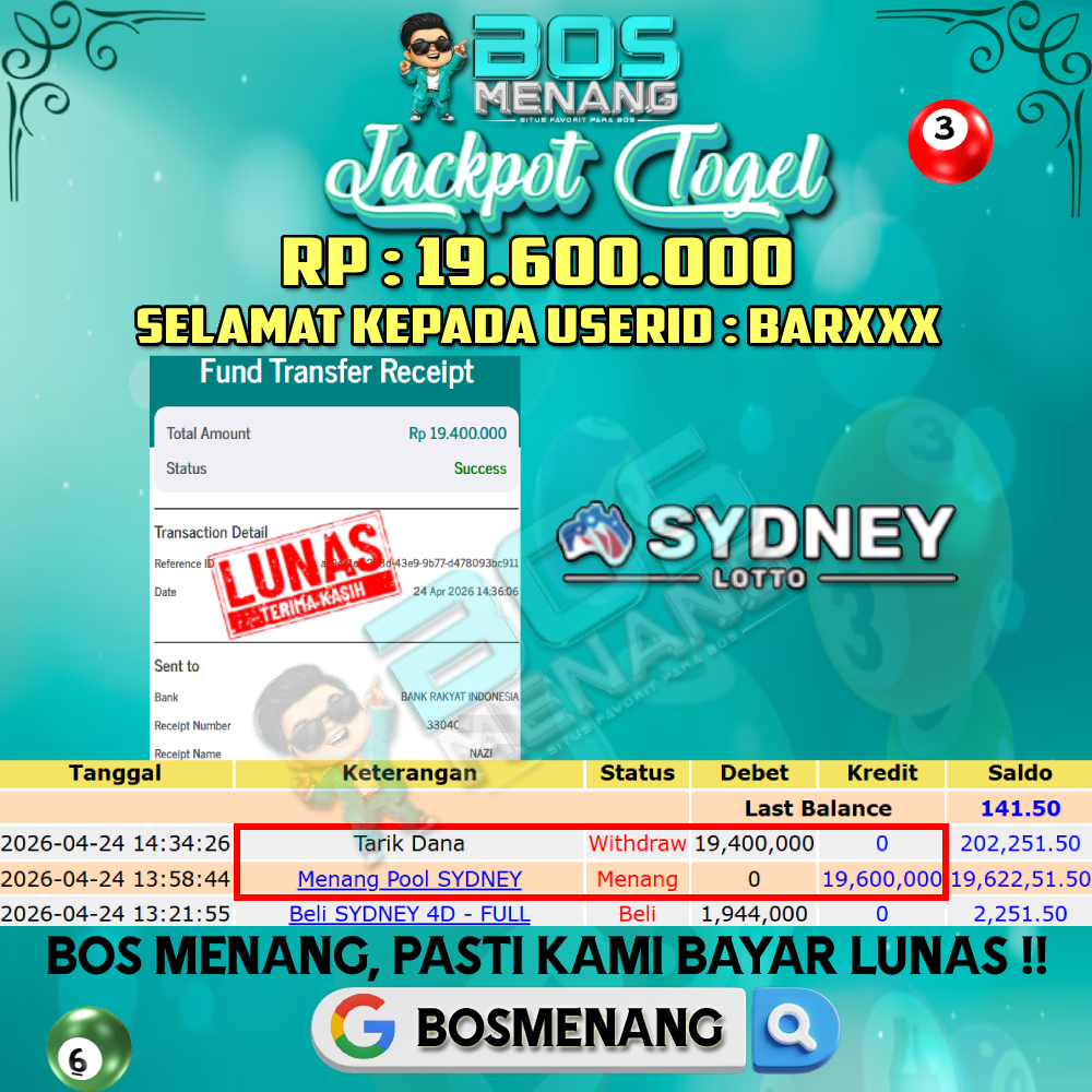 Tanggal 24 APRIL 2026 - JACKPOT TOGEL - SYDNEY LOTTO Rp 19.600.000,-
